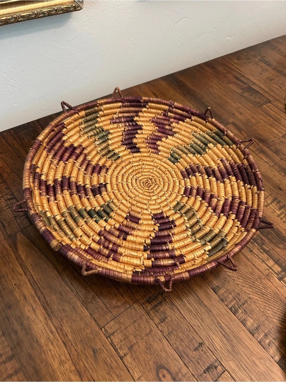 Handwoven Round Decorative Basket Tray - Gold, Burgundy, Olive